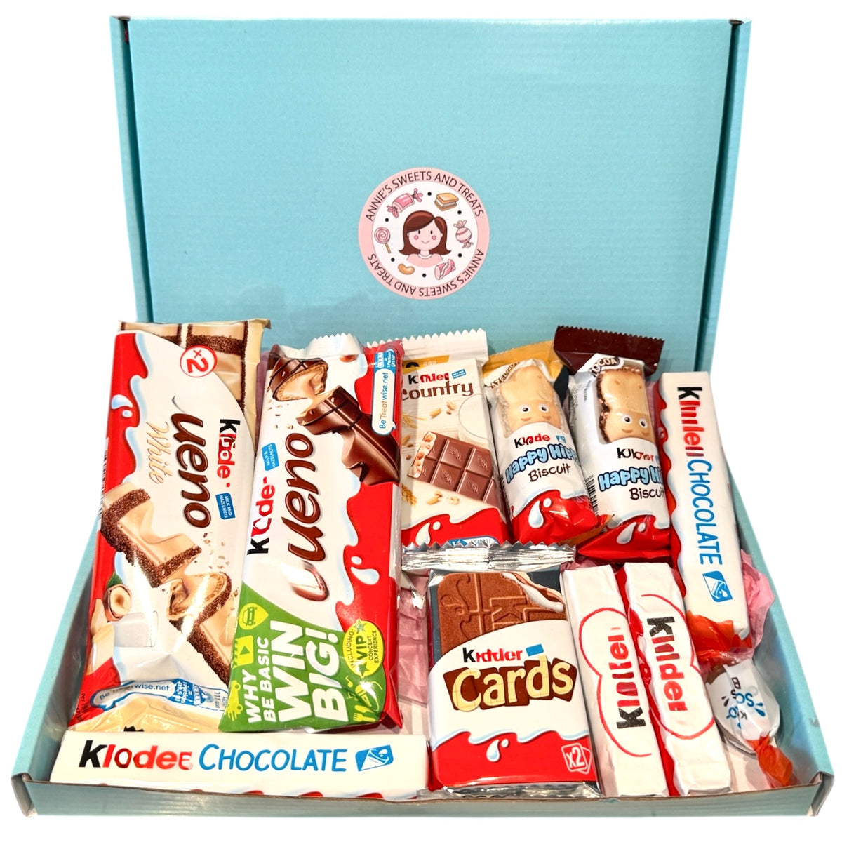 Letterbox gift box filled with Kinder Bueno and Happy Hippo treats