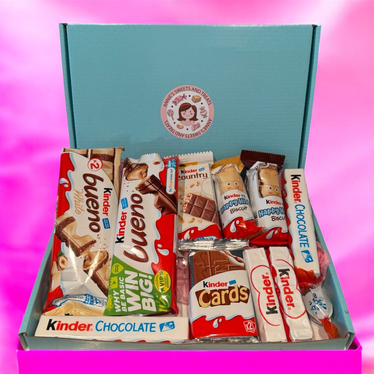 Open Kinder Bueno letterbox gift box filled with chocolate bars and Happy Hippo treats