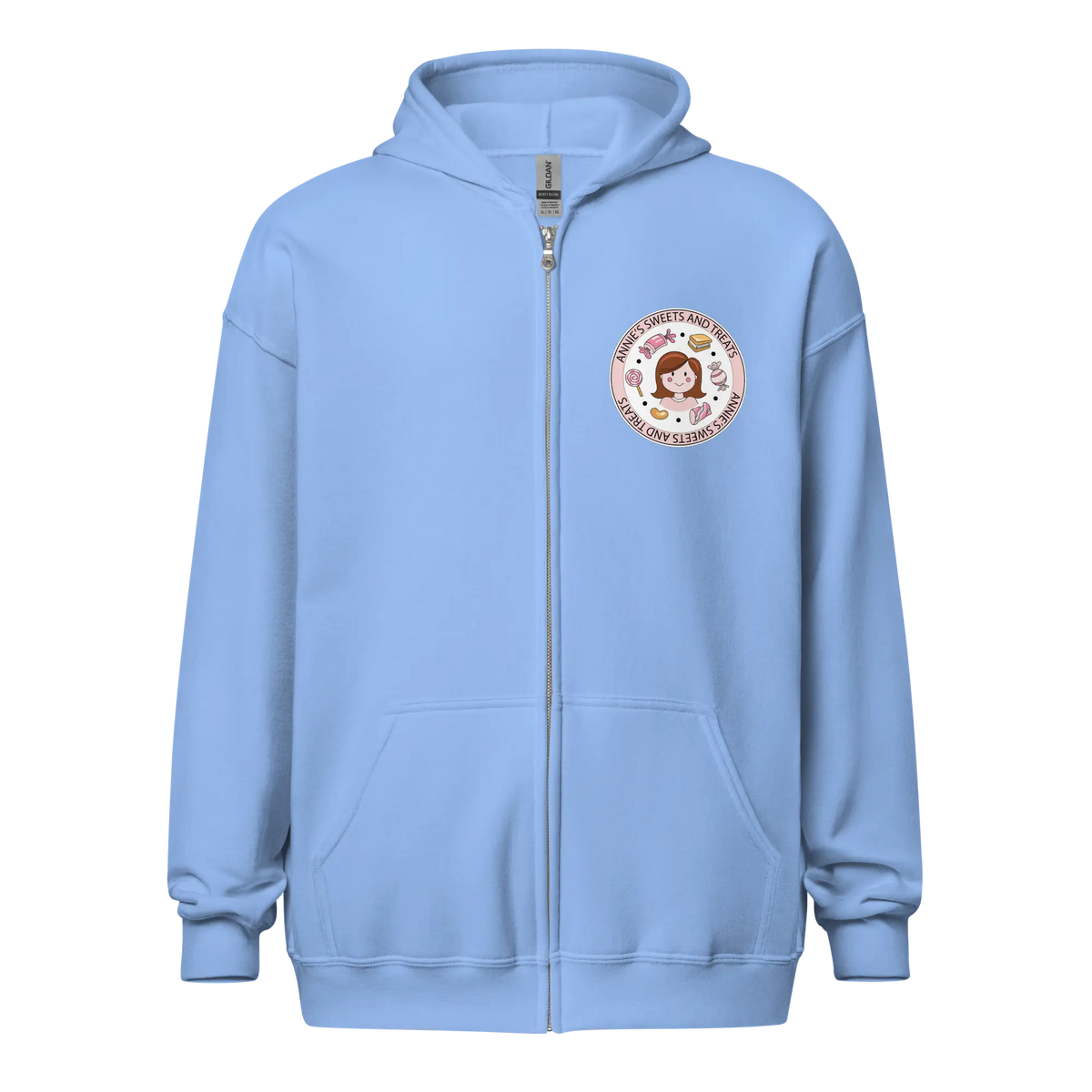 Carolina blue zip hoodie with Annie’s logo